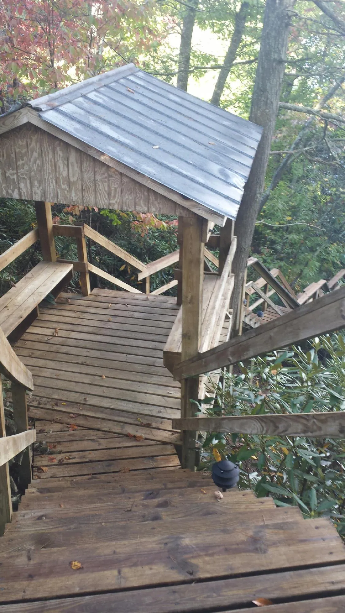 Metal roofed shelter over wooden steps on a wooded walkway — Skylight Repair & Installation work by our crew in Milner